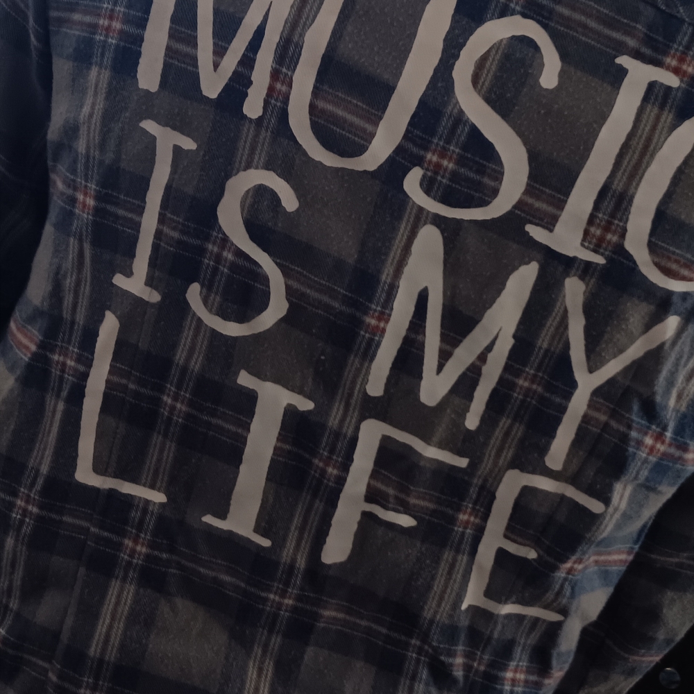 Flannel Plaid Womens Shirt with Graphic Music LIFE style. Layers Or Overlay